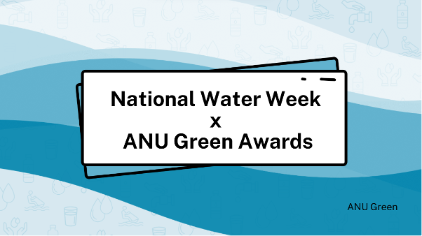Graphic with blue waves reading “National Water Week x 91ƵGreen Awards,” featuring water-themed icons in the background.