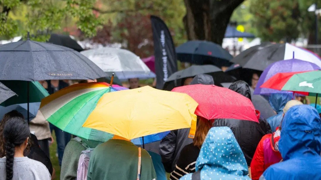 A crowd huddles under colourful umbrellas in the rain.