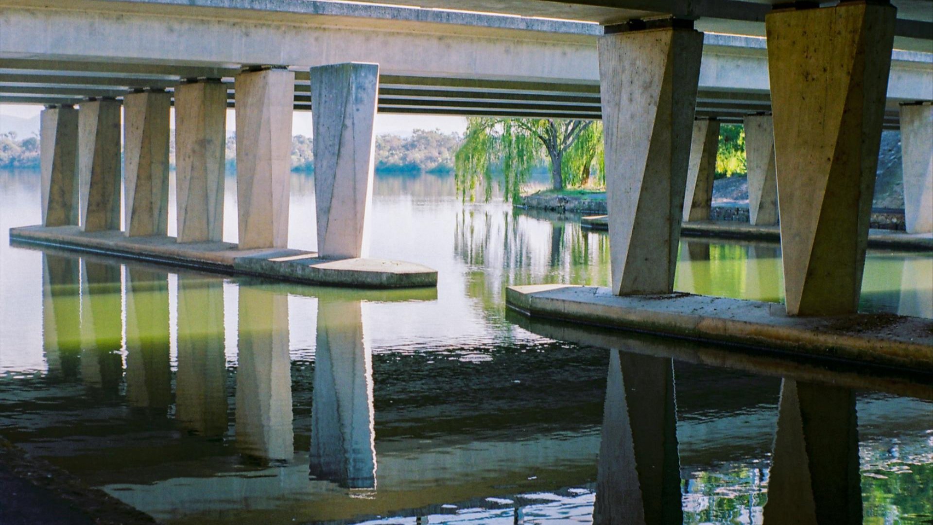 Under a concrete bridge, angled pillars reflect cleanly in still greenish water, with a leafy tree visible in the background. 