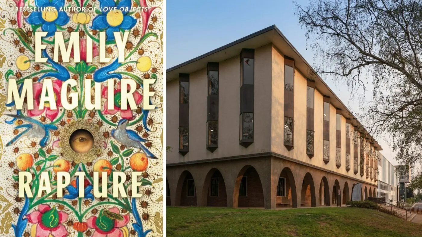 Book cover of Rapture by Emily Maguire beside an exterior view of an ANU Chifley library building with arched ground-floor windows.