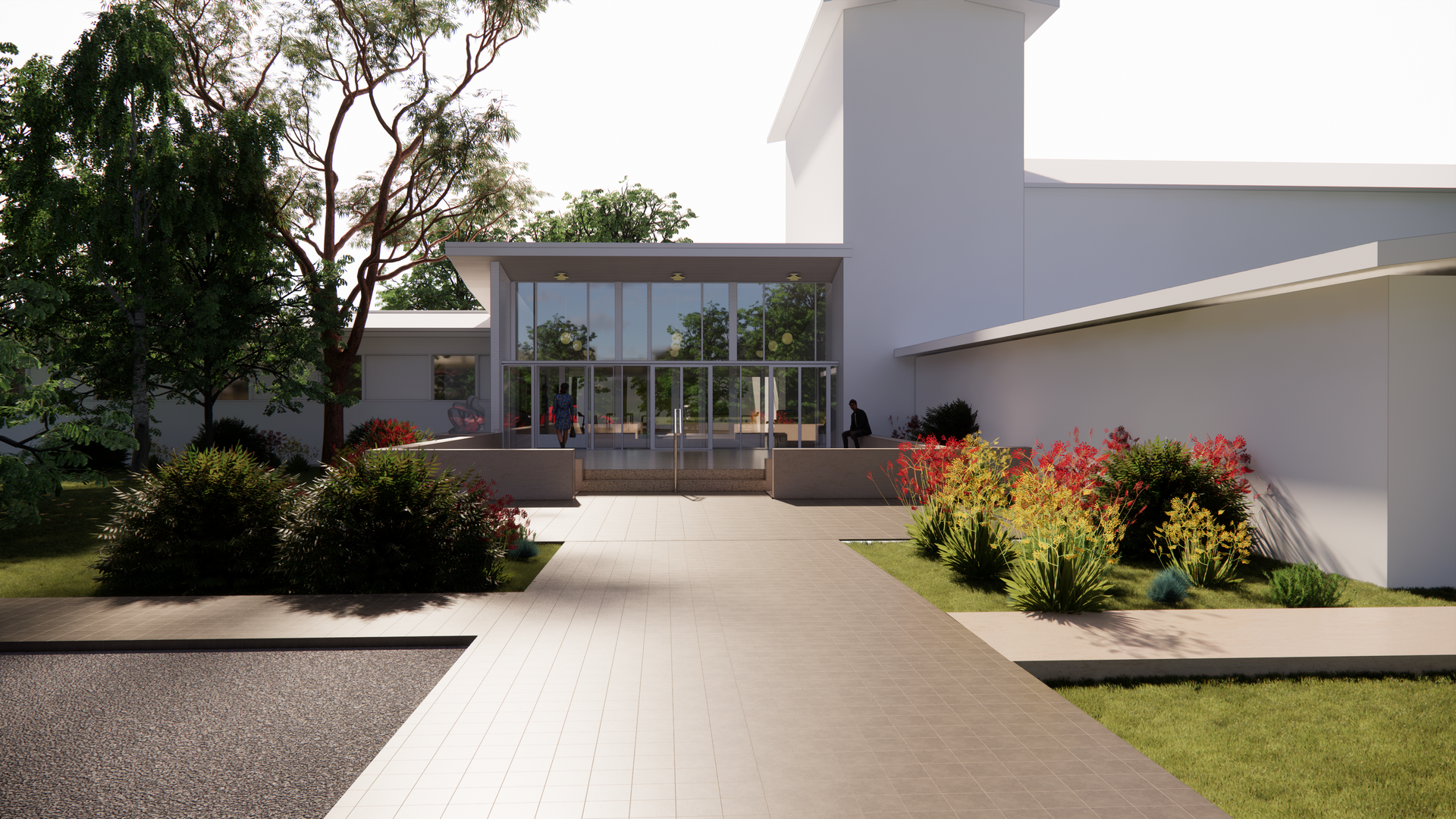 Rendered image of the restored exterior of University house showing a Glass-fronted building entrance with surrounding gardens and trees on a sunny day.