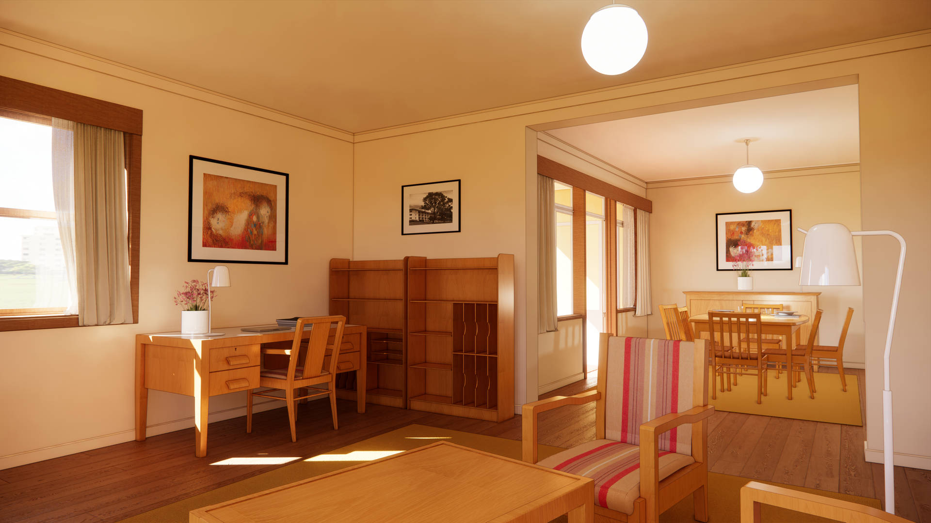 Restored mid-century University House interior with lounge chairs, tables and warm lighting.