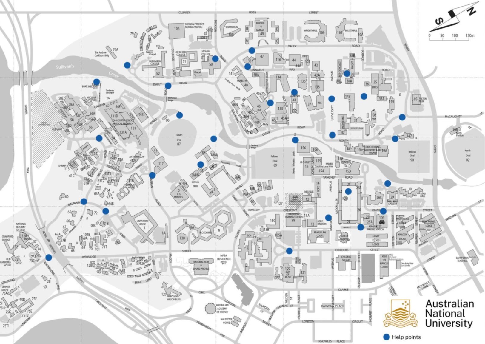Campus map of the Australian National University showing buildings, paths and highlighted locations.
