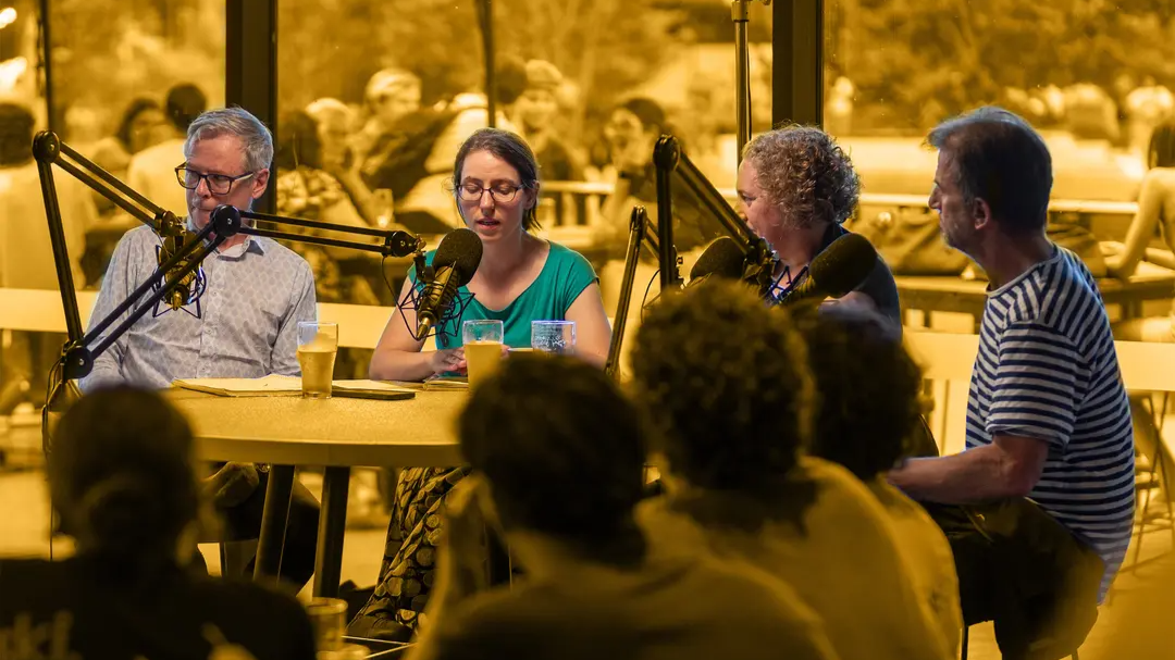 Mark Kenny, Jill Sheppard, Jason Koutsoukis and Dr Marija Taflaga recording a live Democracy Sausage podcast discussion in front of an audience.