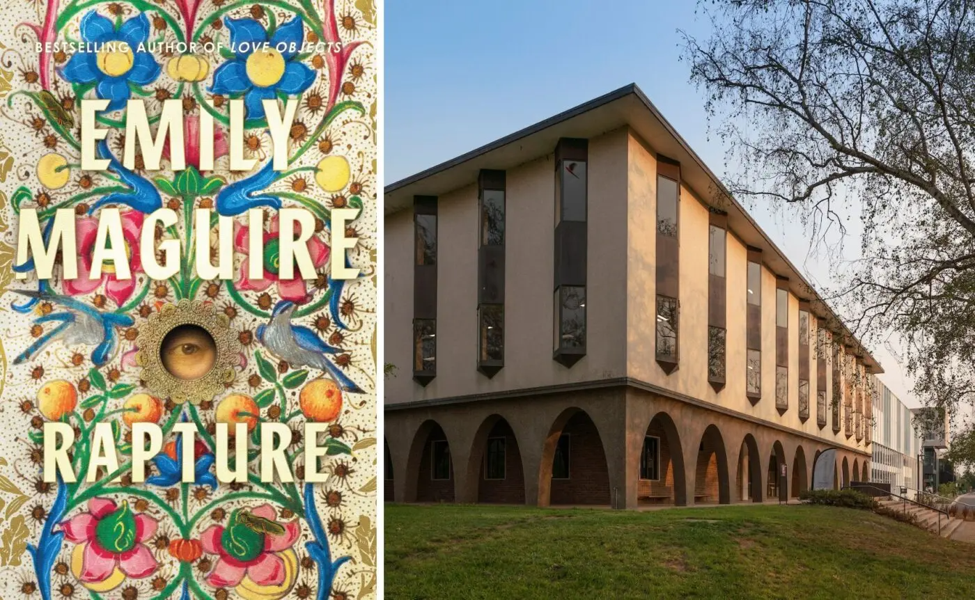Book cover of Rapture by Emily Maguire beside an exterior view of an ANU Chifley library building with arched ground-floor windows.