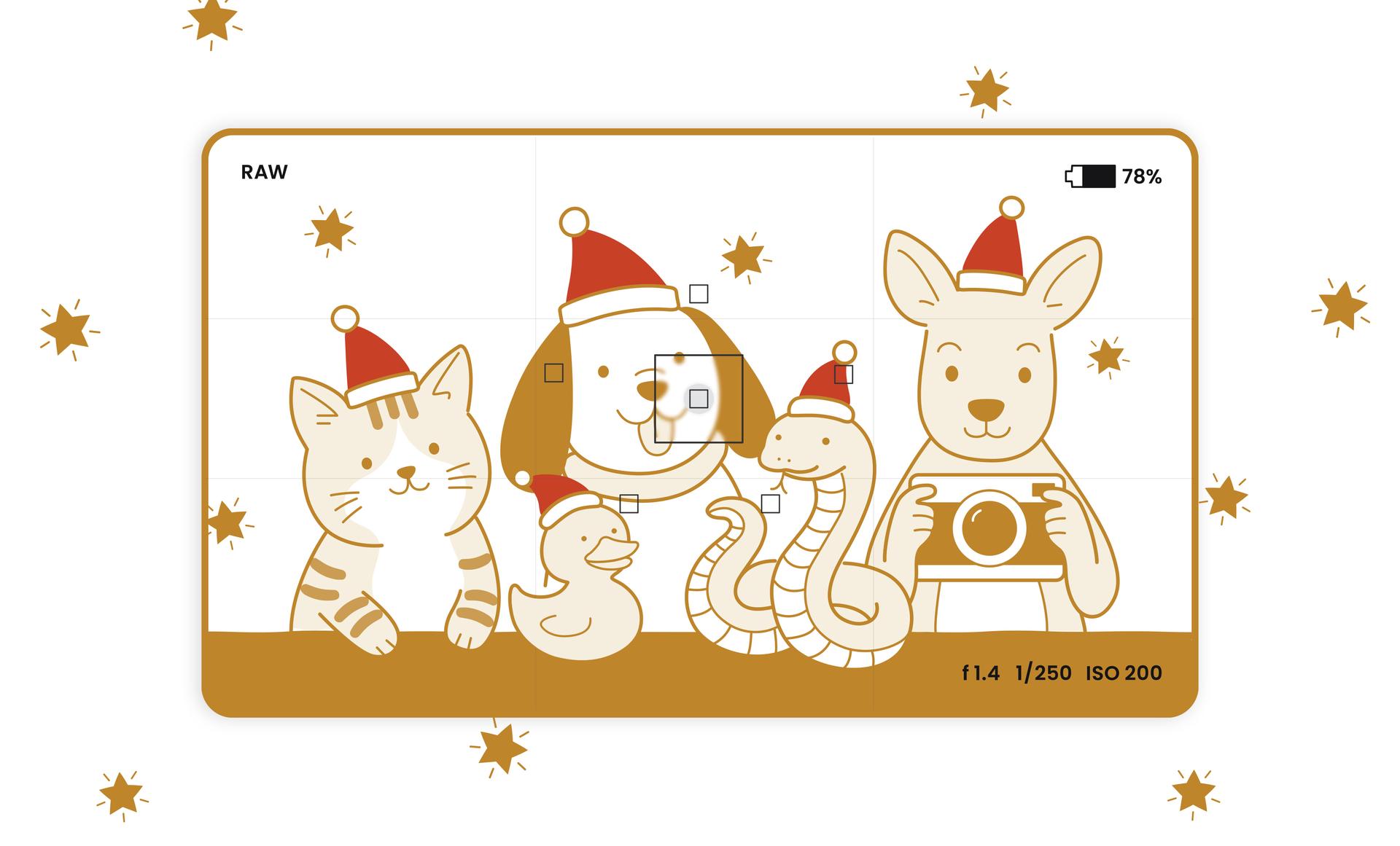 Cartoon cat, dog, duck, snake and kangaroo in Santa hats posing for a festive camera shot. 