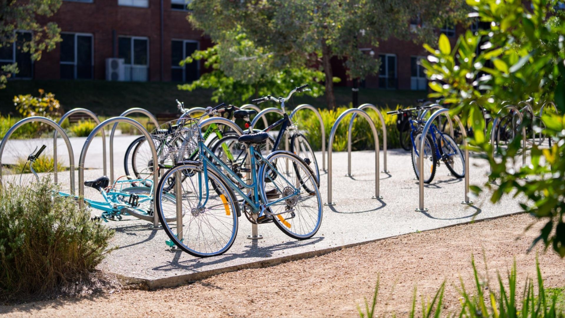 Bicycles parked in metal racks outside a red brick building on a sunny day, with trees and greenery around.