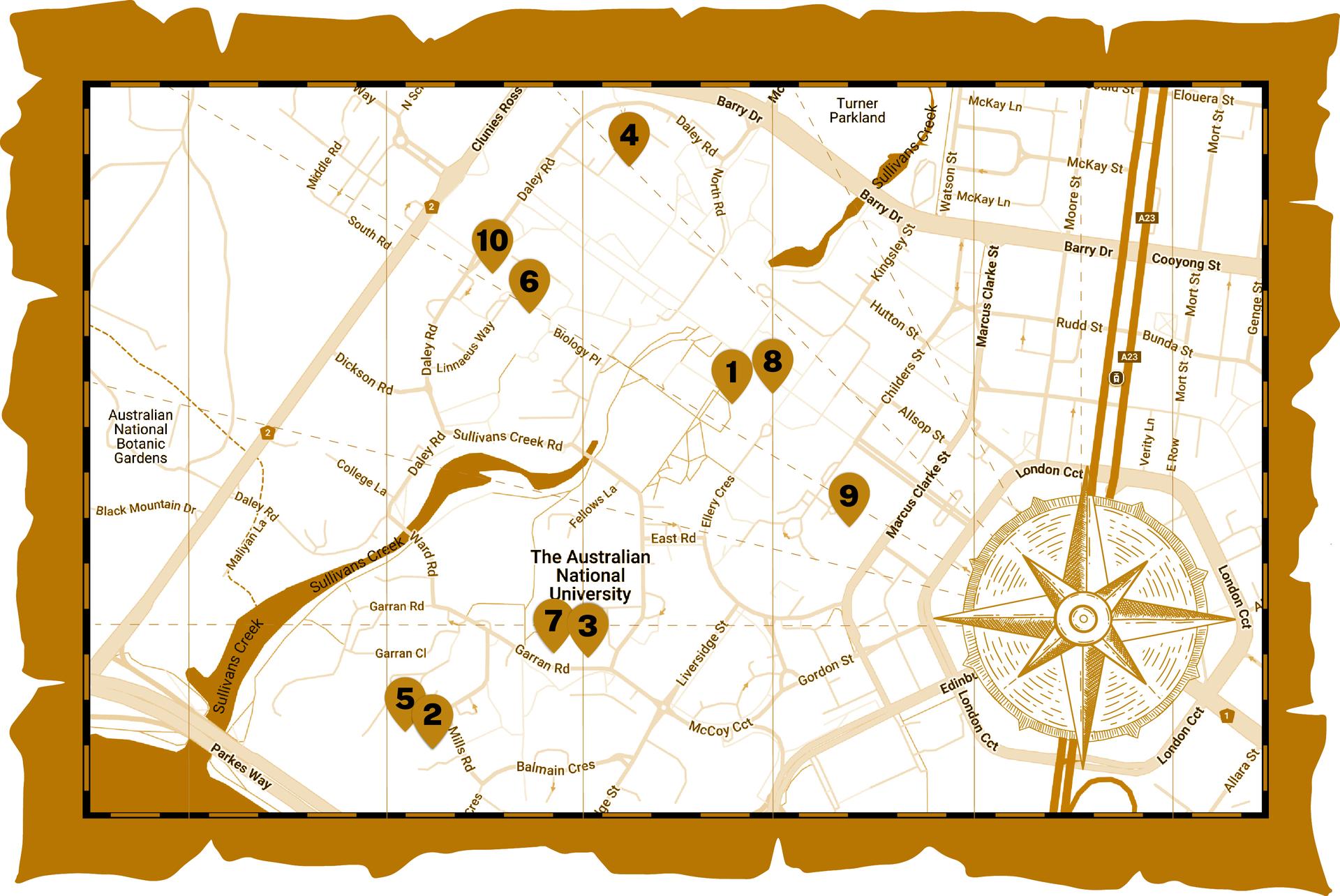 Illustrated map of ������Ƶand surrounding Canberra area with numbered location markers.