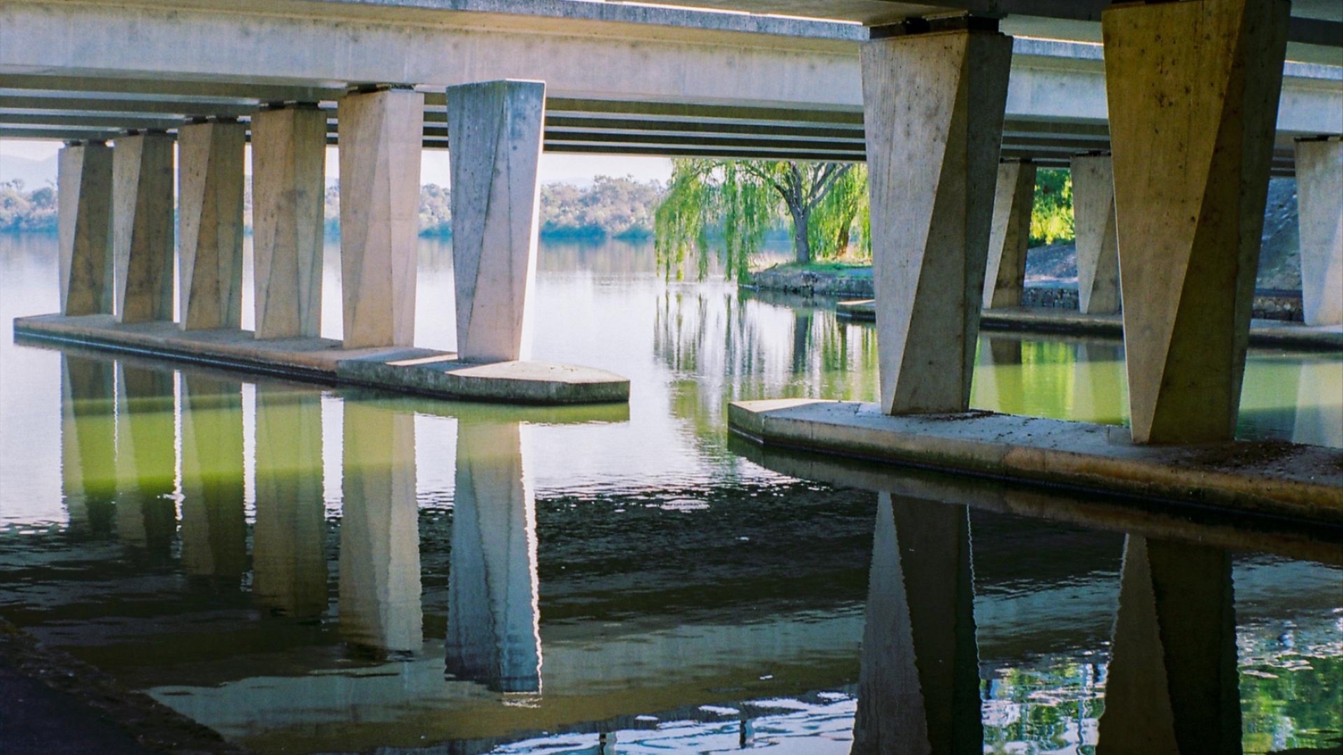 Under a concrete bridge, angled pillars reflect cleanly in still greenish water, with a leafy tree visible in the background.  