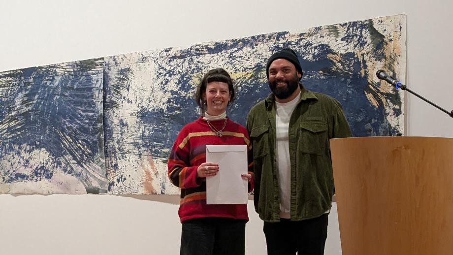2025 Drawing Prize Winner Liv Kidston with guest judge, H.C. Coombs Creative Arts Indigenous Fellow, Dennis Golding.