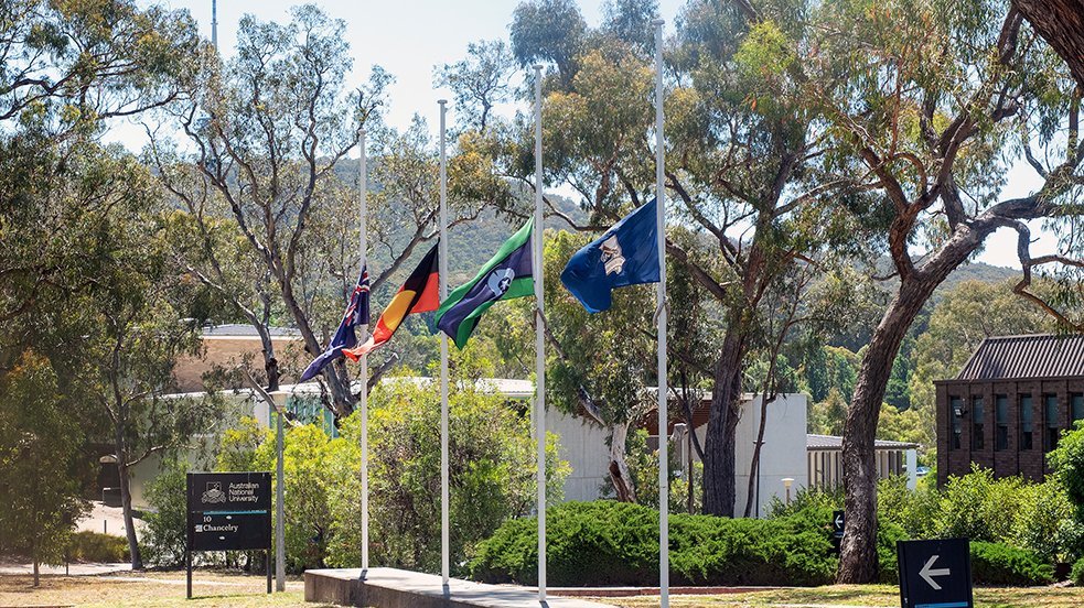 Flags at half-mast outside the ������ƵChancelry building, surrounded by trees.