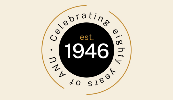 Circular emblem reading &ldquo;Celebrating eighty years of ANU&rdquo; with &ldquo;est. 1946&rdquo; in the centre.