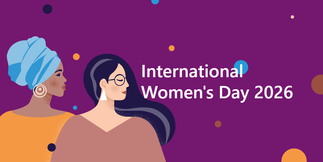 Graphic of two diverse women infront of a branded International Women's Day purple background.