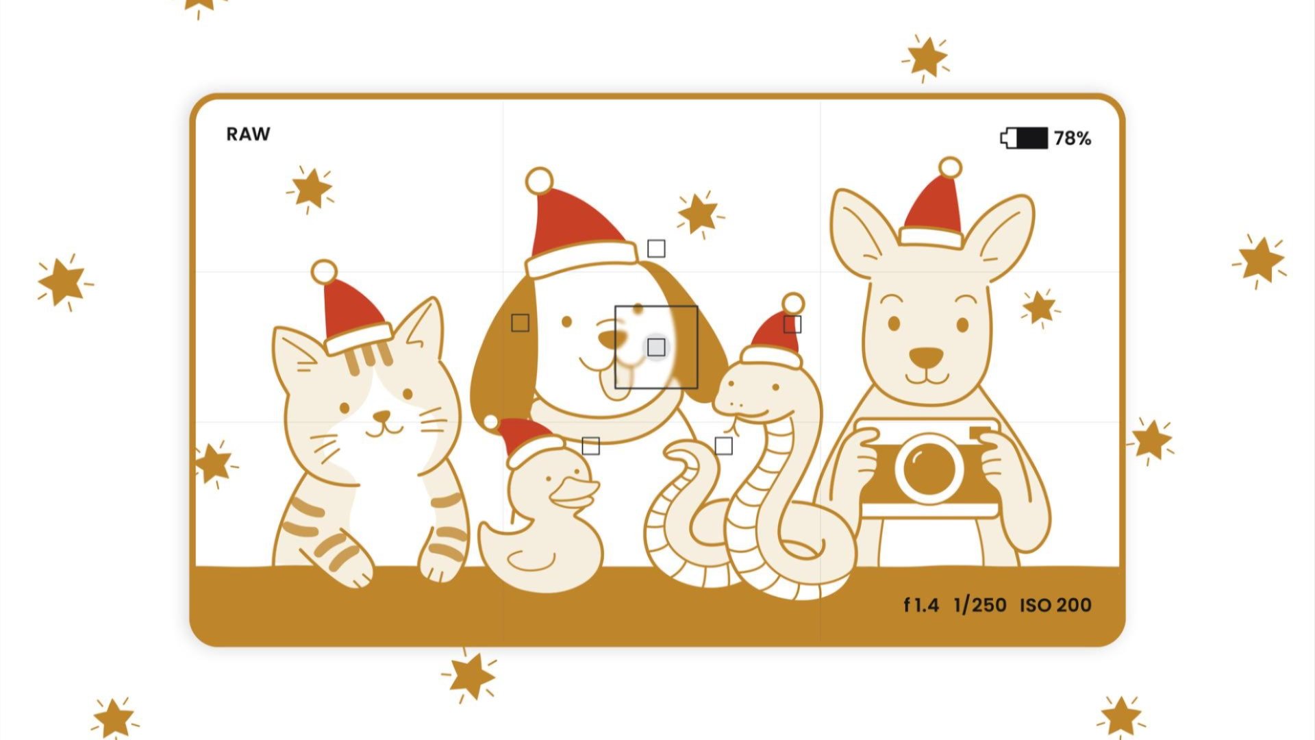 Cartoon cat, dog, duck, snake and kangaroo in Santa hats posing for a festive camera shot.