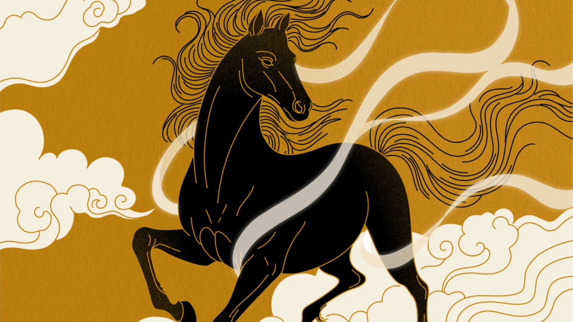 Stylised illustration of a black horse running through swirling clouds against a gold background.