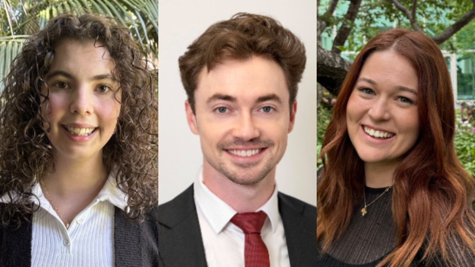 In line headshots of ANU graduates Emersyn Johnson, Nick Bradman and Georgia Leak, all smiling to camera.