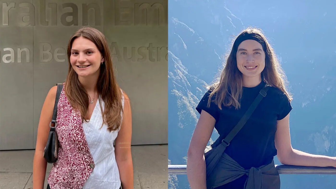 Two side-by-side photos of a woman smiling, one in front of a campus building and one outdoors with a mountain backdrop.