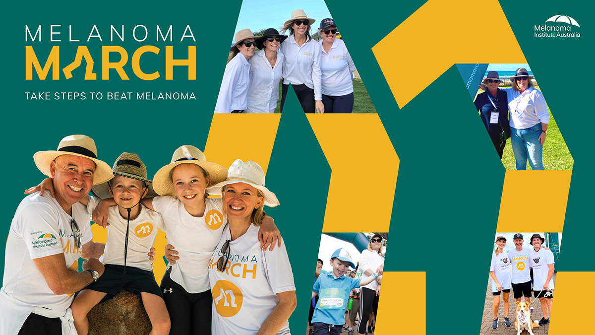 Promotional banner graphic for Melanoma March featuring participants wearing hats and white event shirts, highlighting sun safety and support for melanoma research.