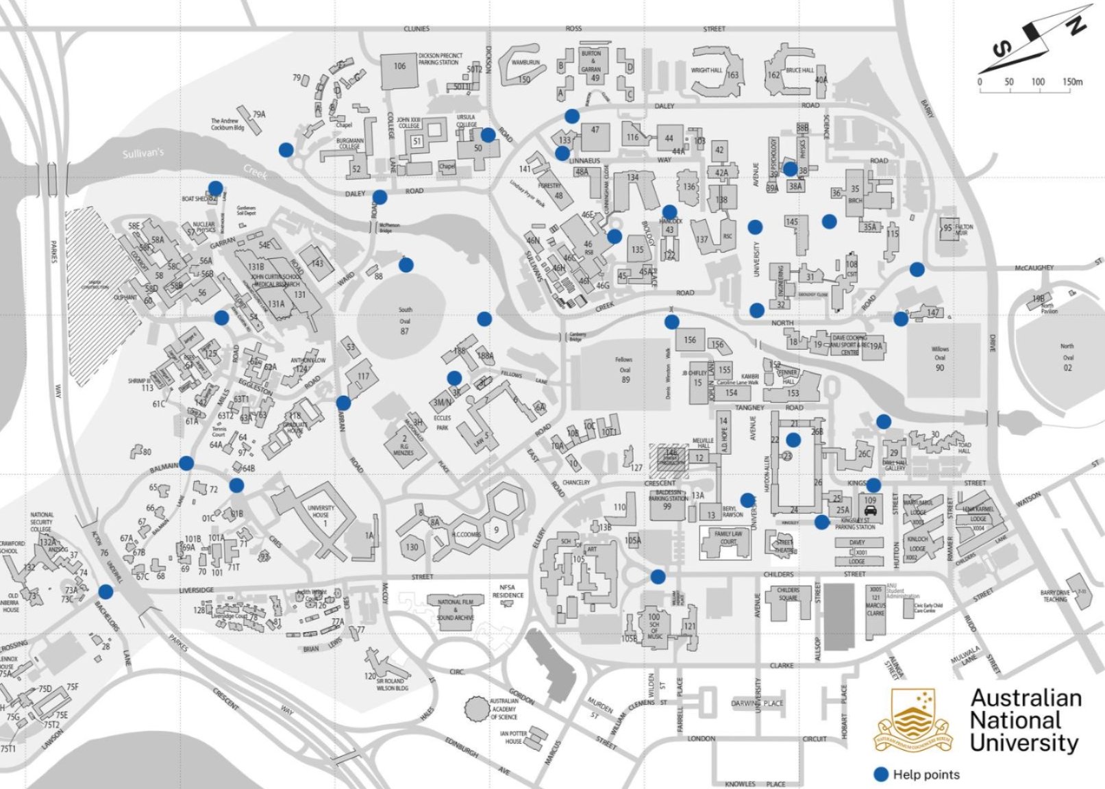 Campus map of the Australian National University showing buildings, paths and highlighted locations.