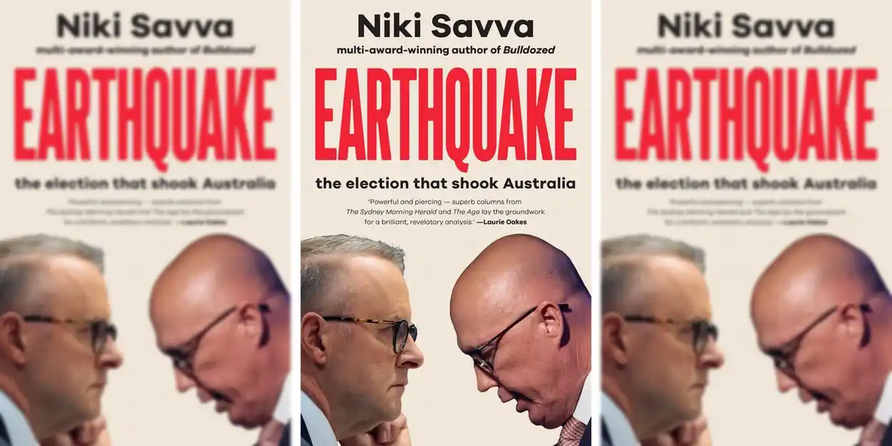 Book cover showing two men in suits leaning toward each other in a tense face-off beneath the large red title “EARTHQUAKE.” 