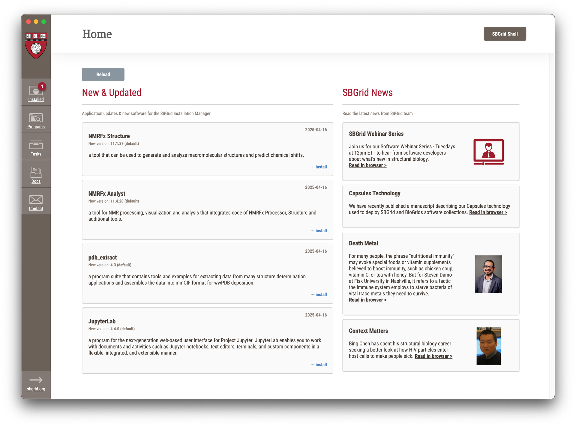 Screenshot of SBGrid Installation Manager home page with list of new and updated software titles on left and SBGrid News on the right.