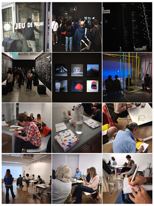 Pêle-mêle de participants à un atelier Mikrodystopies et photos de l'exposition Le Monde selon l'IA