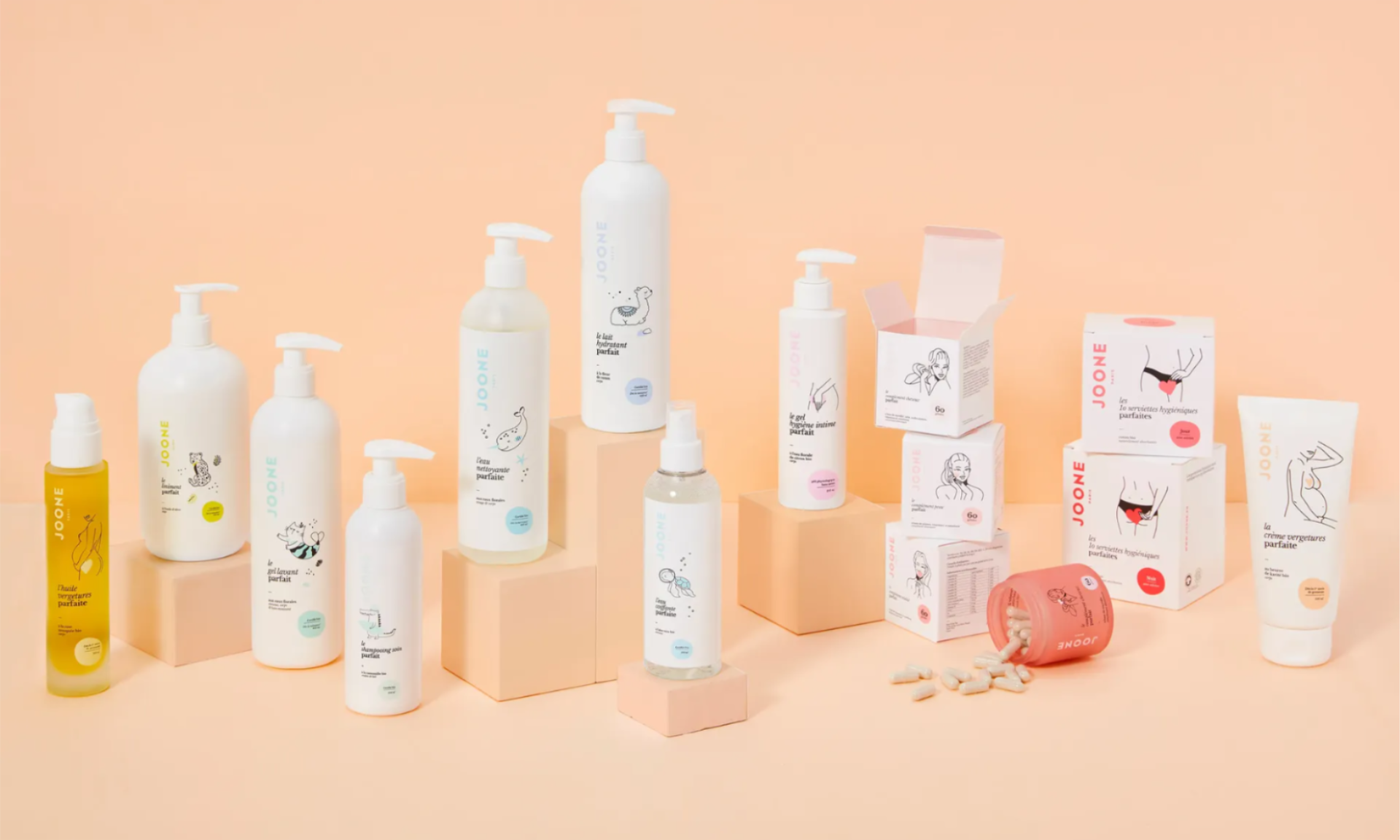 Visuel d'une gamme de produits Joone sur un fonds couleur orange