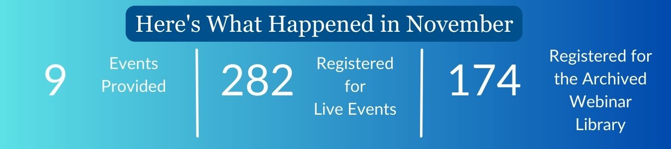 Here's what happened in November: 9 events provided; 282 registered for live events; 174 registered for the archived webinar library