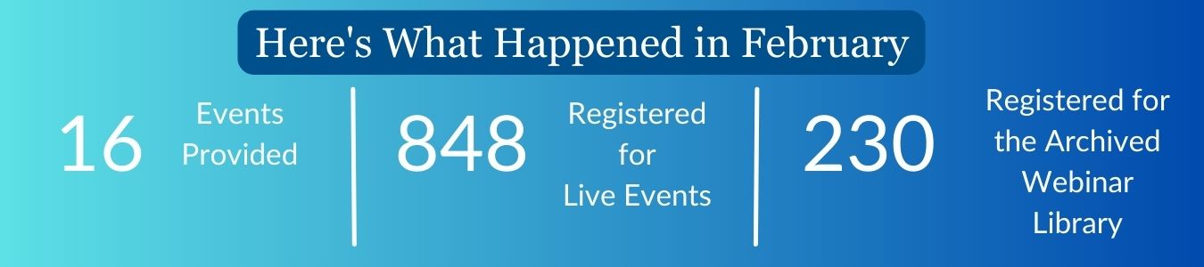 Here's what happened in February: 16 Events; 848 Registered for Live Events; 230 Registered for Archived Events