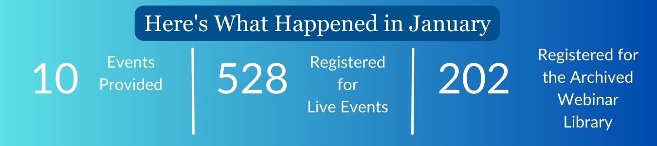Here's what happened in January: 10 Events; 528 Registered for Live Events; 202 Registered for Archived Events