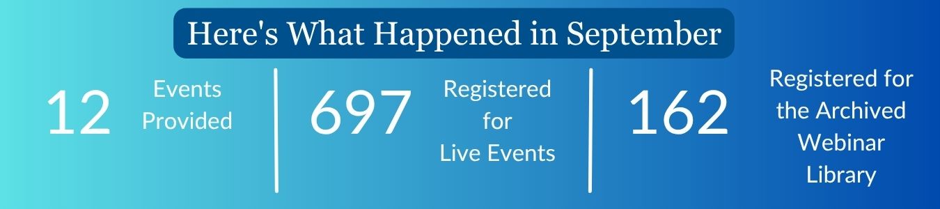 Here's what happened in September: 12 events provided; 697 registered for live events; 162 registered for the archived webinar library