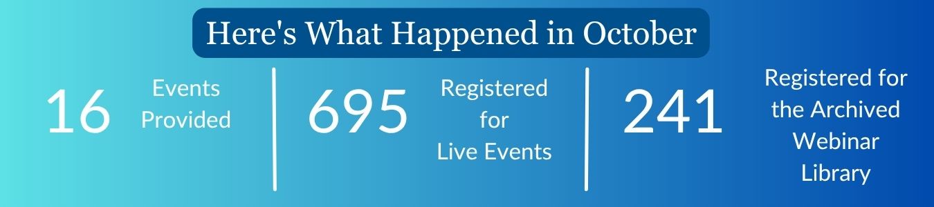 Here's what happened in October: 16 Events Provided; 695 registered for live events; 241 registered for the archived webinar library