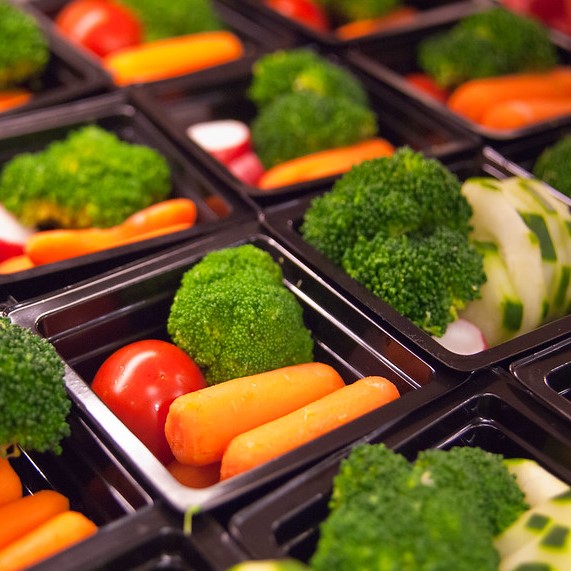 Fresh vegetable cups prepared for the National School Lunch Program at Washington-Lee High School in Arlington, Virginia, in 2011. USDA photo by Bob Nichols.