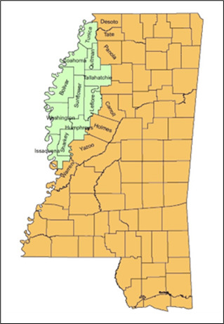  Figure 1 from the article: The study area: The Mississippi Delta, which comprises 11 counties along the Mississippi–Yazoo River.