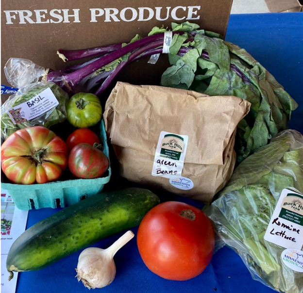 Photo: A filled prescription for a Produce Prescription program recipient consists of a variety of fresh vegetables and other produce. Photo provided by the authors.