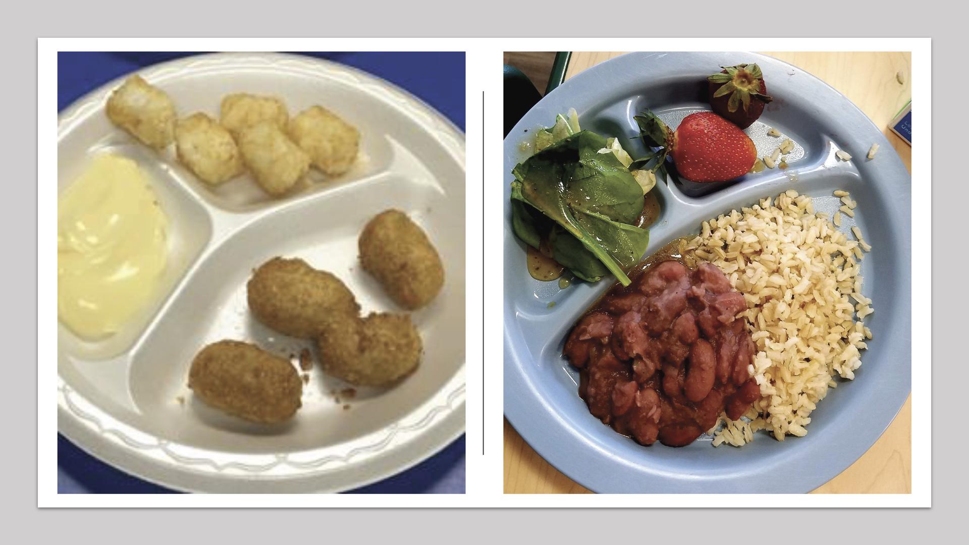 On the left, a typical child care meal (chicken nuggets, tater tots, custard); on the right, a healthy meal from a central kitchen (red beans and rice, local spinach and strawberries). Photos by David Yates.