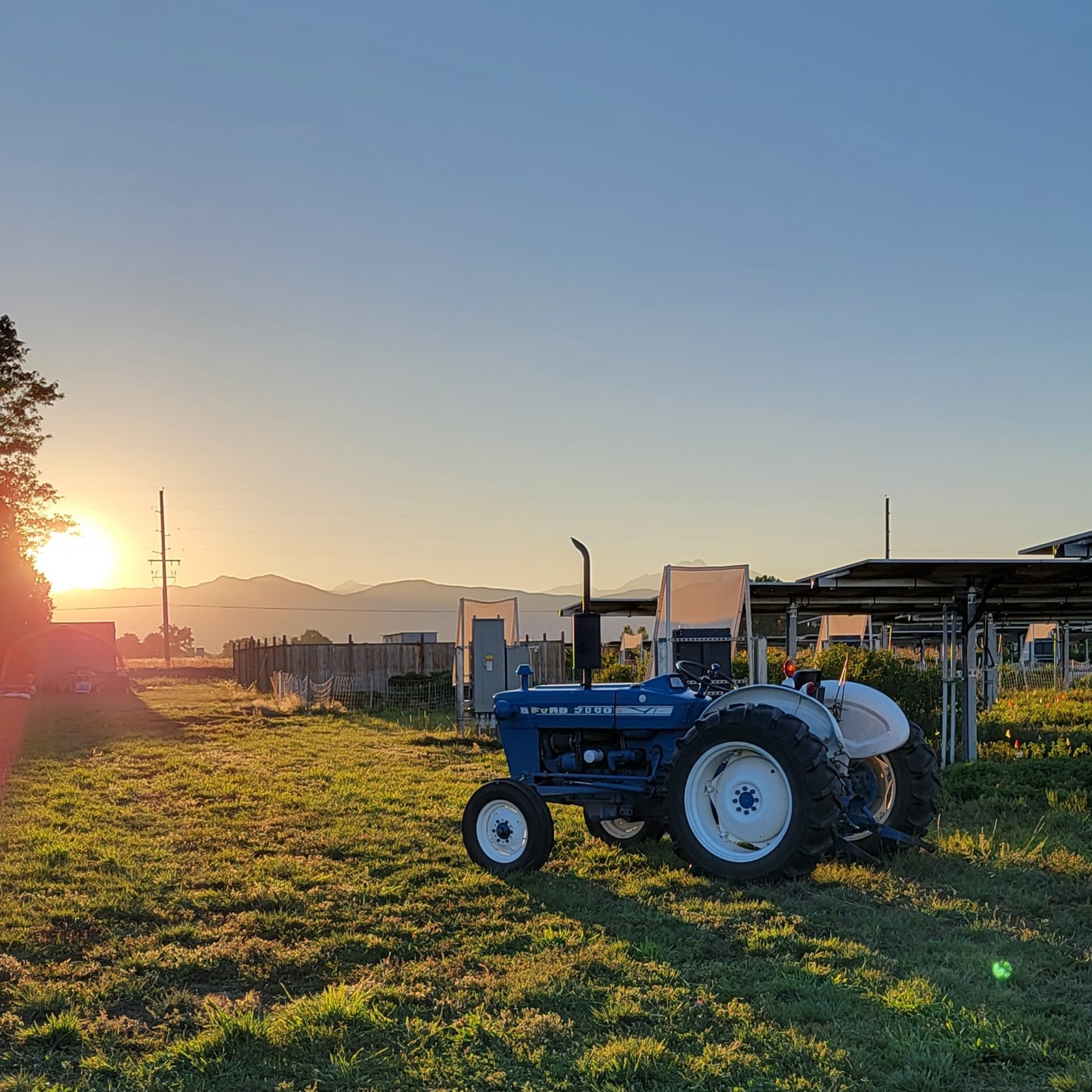 Photo of the sun setting over the agrivoltaic array at Jack’s Solar Garden during its 2023 annual farm-to-table event.