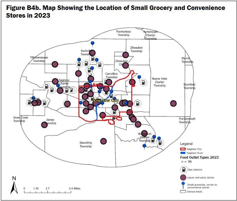 Figure B4b from the article shares a map with the location of small grocery and convenience stores in Saginaw in 2023