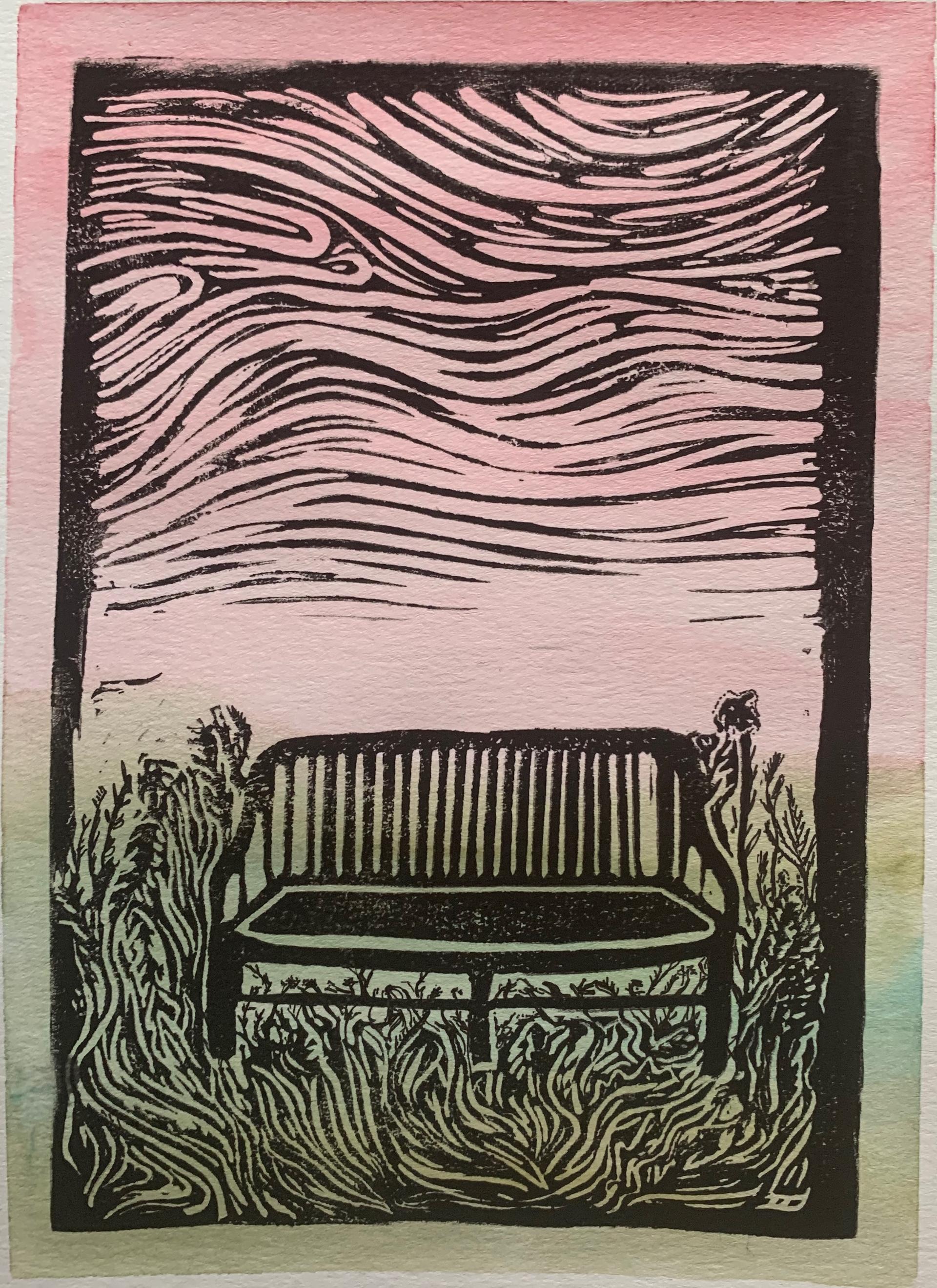 Linocut print by Shannon Conk of Christine Porter’s vision of the bench in the meadow.