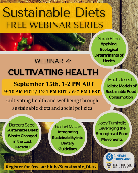 4th webinar in the Sustainable Diets series: Cultivating Health, on September 15, 12-1PM ET. Human health is deeply connected to food, in obvious and not-so-obvious ways. Learn about research that connects the dots between food, sustainability, and health.