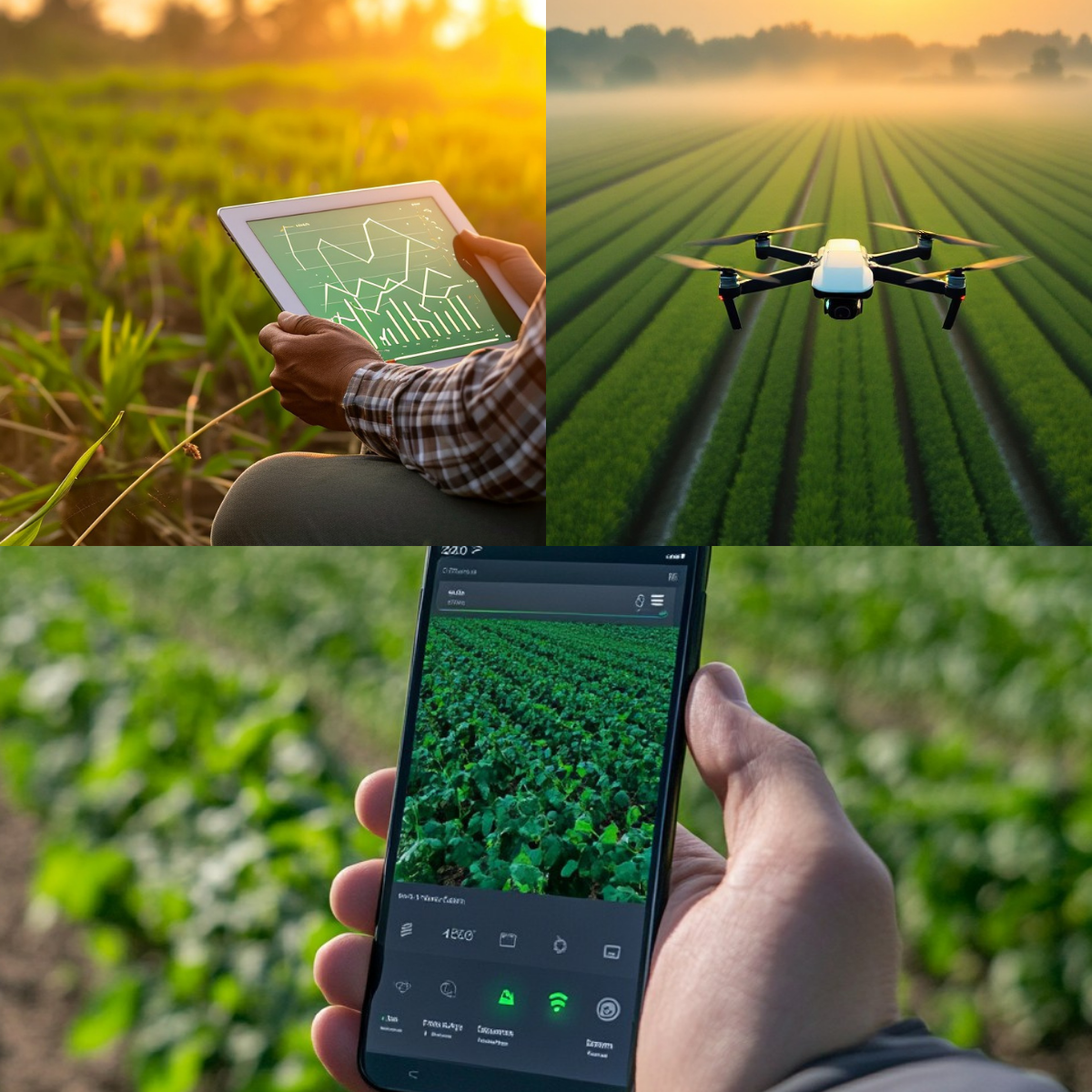 On the left, a farmer reviews crop data on a tablet; on the right, a drone monitors a cultivated field. At the bottom, an individual holds a smartphone displaying an agricultural monitoring app. Source: StockCake