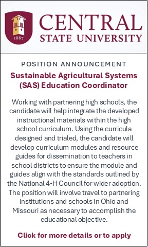 Display ad for job opening at Central State University for Sustainable Ag Systems Education Coordinator