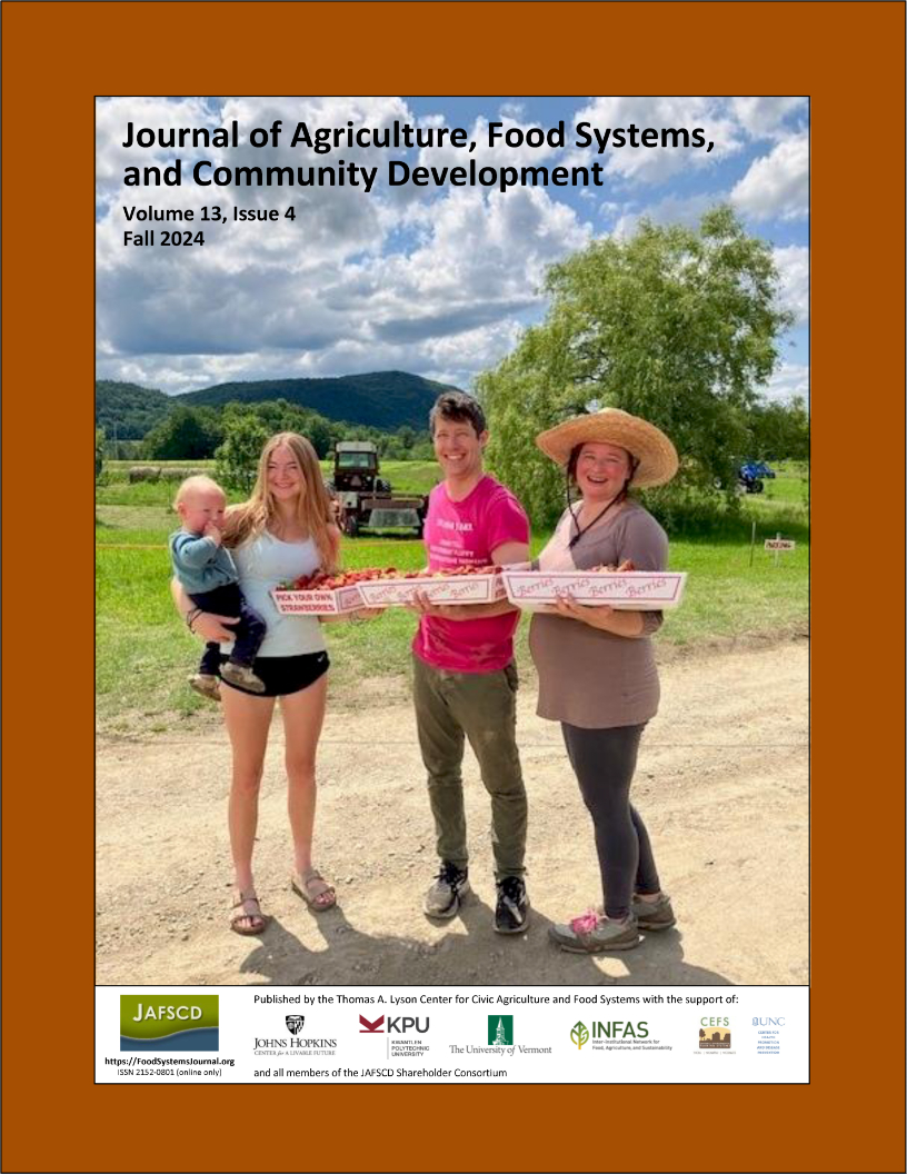 The cover of the fall 2024 issue of JAFSCD is a child, two women, and a man holding trays of strawberries.