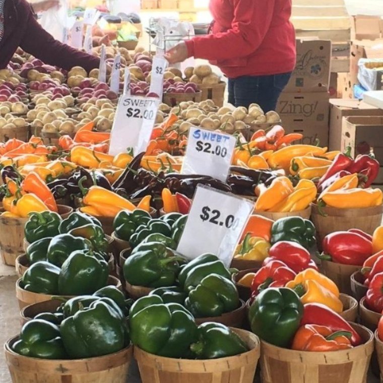 Rochester, NY, farmers market with baskets of produce and prices
