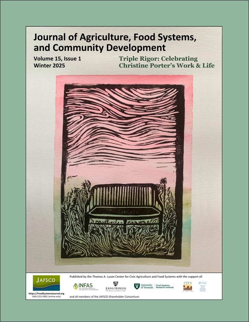 Cover of the winter 2025 issue is a linocut of a bench, with pink and green watercolor accents