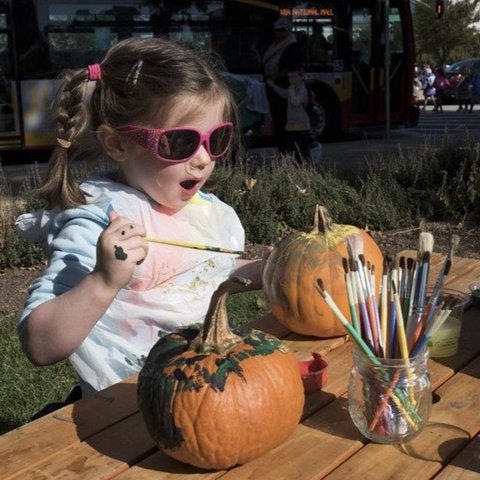 Photo of a child painting a pumpkin at the USDA Farmers Market in Washington, DC, USA, in 2017.