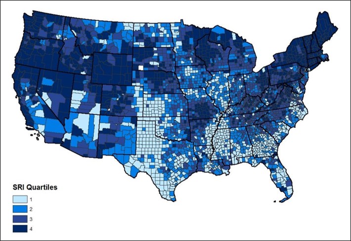 Figure 1. Resilience of U.S.CountiesUsing the Sustainability/Resilience Index (SRI)ScoresLighter colored counties had low SRI scores; darker counties had higher SRI scores. The High Plains, Mississippi Delta,and Piedmont plateau stand out as generally low resilience regions, although exceptions are present