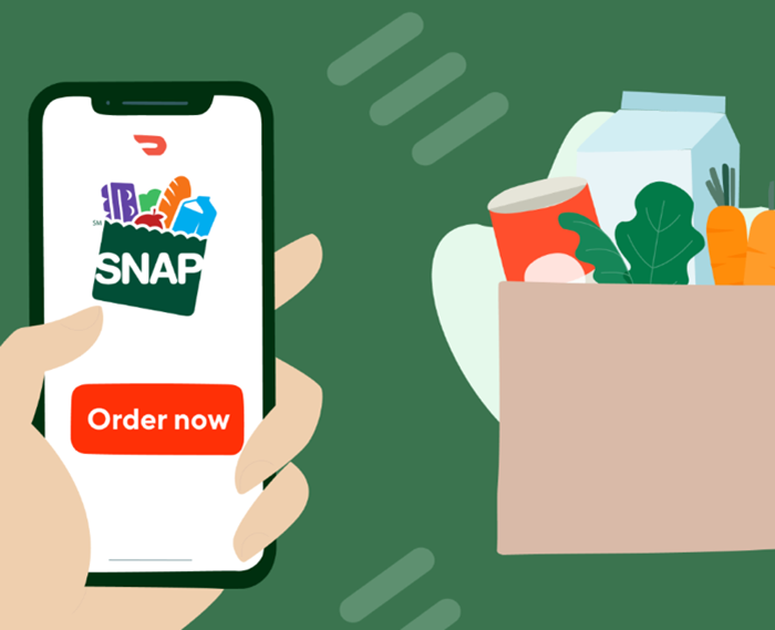 Image of a hand holding a phone with an online grocery link and a bag of groceries. 