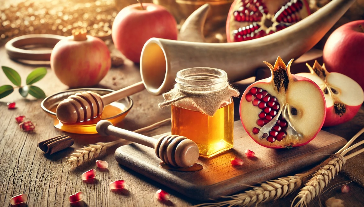 Rosh Hashanah image including honey, pomegranate 