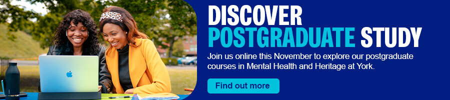 A blue and white promotional banner advertising postgraduate courses at the University of York. Text reads: 